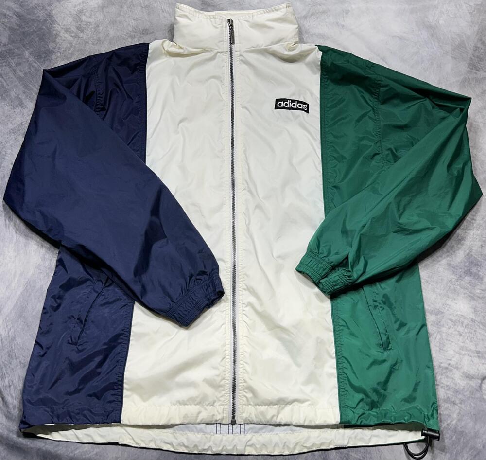 Vintage Adidas Jacket Mens Large Green Navy Cream Hooded Colorblock Windbreaker